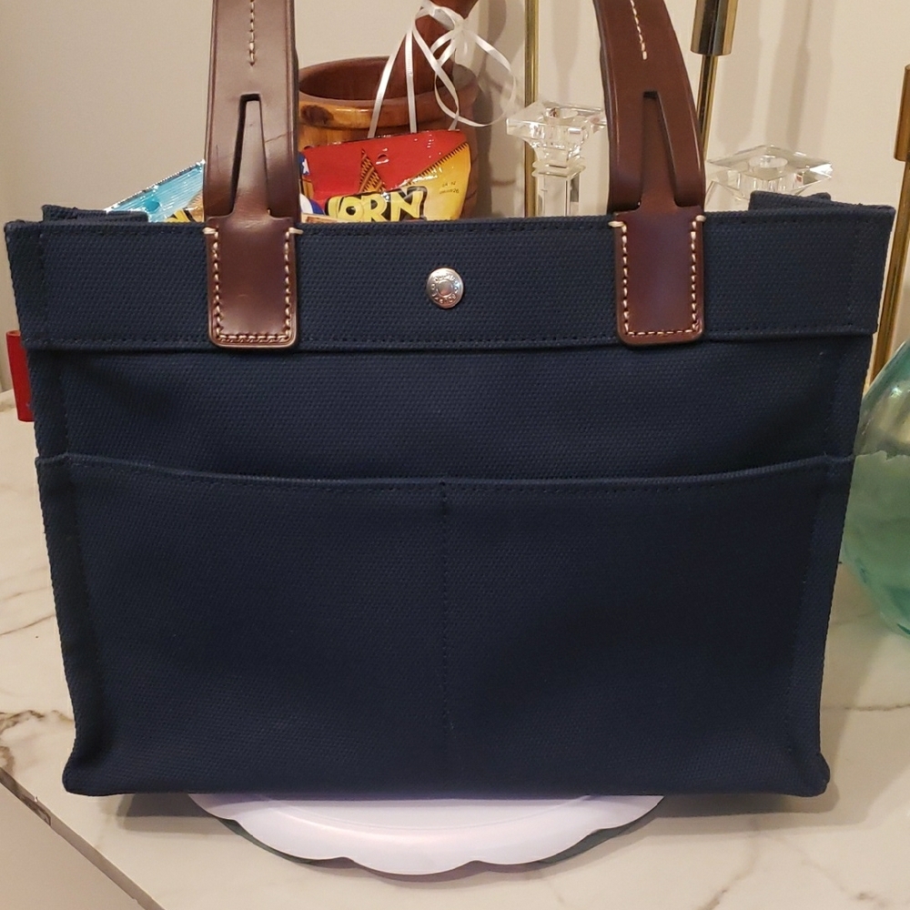 Dooney & Bourke Navy Canvas Tote with Brown Leather Handles - Picture 11 of 17